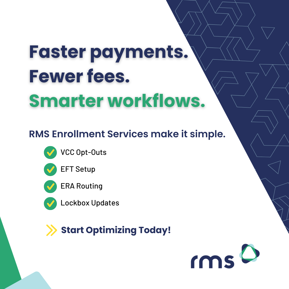 Graphic promoting RMS Enrollment Services. Headline reads: 'Faster payments. Fewer fees. Smarter workflows.' Listed services include VCC Opt-Outs, EFT Setup, ERA Routing, and Lockbox Updates. RMS logo is shown with the call-to-action: 'Start Optimizing Today!'