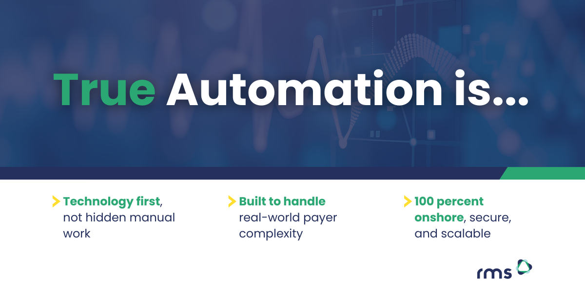 Banner image with the headline ‘True Automation is…’ over a blurred technology background. Below are three pillars: Technology first, Built to handle real-world payer complexity, and 100 percent onshore. RMS logo displayed at the bottom.